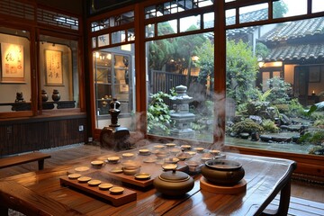 Traditional tea house, intricate woodwork, steaming cups, calm and cultural, inviting for a quiet retreat
