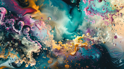 
Vibrant, dynamic collision of multicolored liquids against dark backdrop, digitally manipulated...