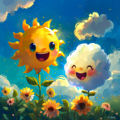 Fototapeta na wymiar A happy sun and a happy cloud are smiling at each other in a field of flowers.