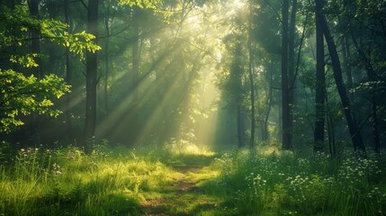 Fototapeta na wymiar Tranquil morning forest path with low mist, sunlight piercing through trees, peaceful and mysterious