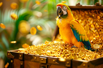 A parrot sits on a treasure chest full of gold coins.