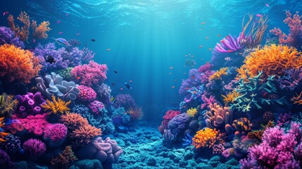 The scene of underwater marine life displays colorful corals, diverse fish swimming, mysterious beauty