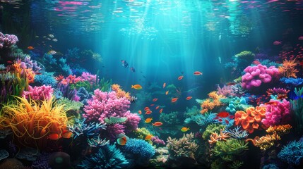Fototapeta na wymiar The underwater marine life scene showcases colorful corals, diverse fish swimming in a mysterious and beautiful setting