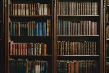 Dusty old bookshelf holding extensive literature collection, vintage charm
