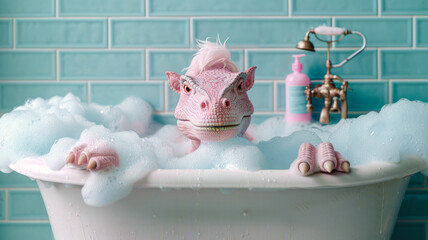 A pink unicorn dinosaur lavishly enjoying a bubble bath in a claw-foot tub, surrounded by tranquil turquoise tiles, mixing fantasy with playful humor.