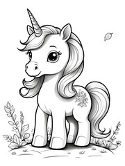 Cute unicorn cartoon  coloring drawing white background, ai generated 