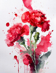 Watercolor artwork showcasing red carnations with green foliage against a stark white backdrop - 783956307