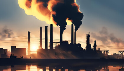 Industrial sunset scene with silhouetted structures and smoke, highlighting environmental impact - 783956321
