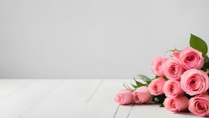 bouquet of pink roses on white background with copy space 