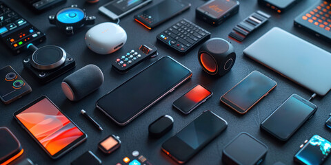 A variety of cell phones, tablets, and smartwatches neatly arranged on a table.