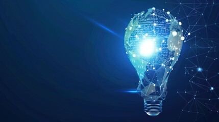 Abstract blue light bulb with digital world inside, Technology Network Data Connection, dark blue background,