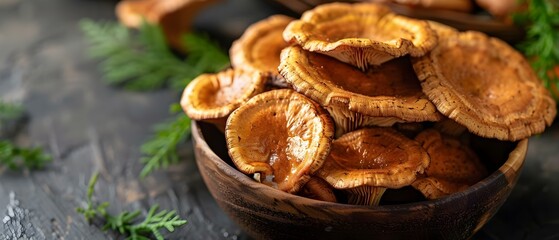 Bowl of Reishi Mushrooms: Immune-Boosting Elixir. Concept Reishi Mushrooms, Immune-Boosting, Health Benefits, Superfood Elixir - obrazy, fototapety, plakaty