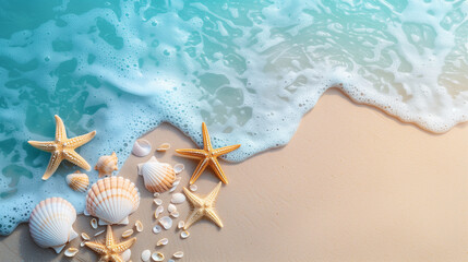 Fototapeta na wymiar Tropical summer sand beach with starfish. Seashells and starfish on beautiful tropical beach and sea with blue sky background. Summer vacation concept . Generative AI