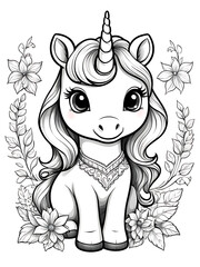 Cute unicorn cartoon  coloring drawing white background, ai generated 