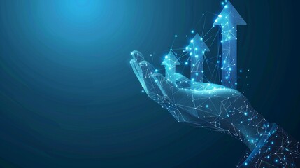 Abstract digital businessman hand holding rising arrows in futuristic style. Successful business and growth strategy concept. Low poly wireframe vector illustration on technological blue background