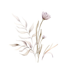 Watercolor floral delicate pastel vintage green violet purple brown bouquet. Hand drawn illustration isolated on white background. Flower and leaves composition for stationary or textile