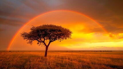 A full rainbow arches over a solitary tree in a golden savannah landscape during sunset