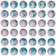 Collection of globes. Tilted sphere view. Rotation step 10 degrees. Solid color style. World map with dense graticule lines on luminosity background. Original vector illustration.