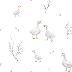Watercolor seamless pattern with goose farm bird and pastel color eggs for Easter designs and fall tree branch. Tender watercolor plant illustration on a isolated on white background.