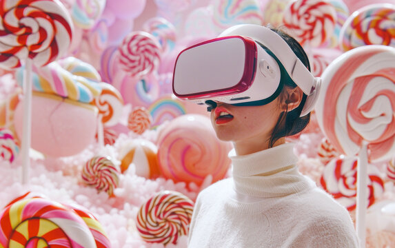A girl in a colorful VR candy world explores digital realms, showcasing innovative immersion in technology.