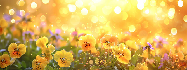 Flower Bed with beautiful tiny yellow pansies or viola - obrazy, fototapety, plakaty