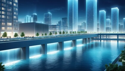 A modern bridge spanning a river against a backdrop of illuminated skyscrapers, emphasizing contemporary urban architecture and infrastructure.. AI Generation. AI Generation