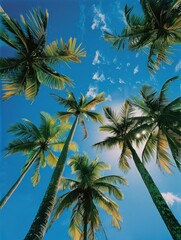 Fototapeta na wymiar Palm trees photograph with a blue sky view sunny weather
