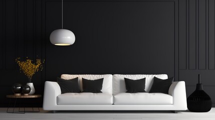 Minimalist decor and sleek furnishings complementing the contemporary vibe of the white sofa against the bold 3D jet black color wall background.