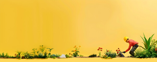 Landscape architect planting flowers web banner. Landscape architect planting flowers on yellow background with copy space. - obrazy, fototapety, plakaty