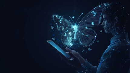 Abstract digital butterfly flying out from tablet computer. The businessman holds the device and taps on screen. Technology evolution and innovation concept. Futuristic low poly wireframe illustration