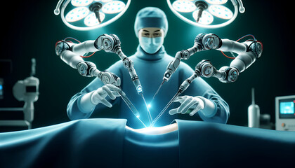 Robotic arms and doctor performing automated advanced medical surgical operation in the futuristic hospital artificial intelligence medicine