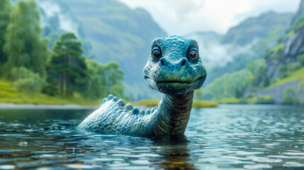 Cartoon Loch Ness monster swimming on a lake. - obrazy, fototapety, plakaty