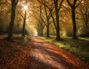 Obraz premium Sunlight Streaming through Autumn Forest Canopy