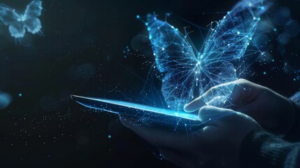Abstract digital butterfly flying out from tablet computer. The businessman holds the device and taps on screen. Technology evolution and innovation concept. Futuristic low poly wireframe illustration