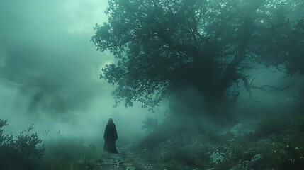 Drift through the silent depths of a mist-shrouded forest, where ancient trees loom like silent...