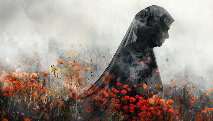 A widow in black clothes in flowers and fog