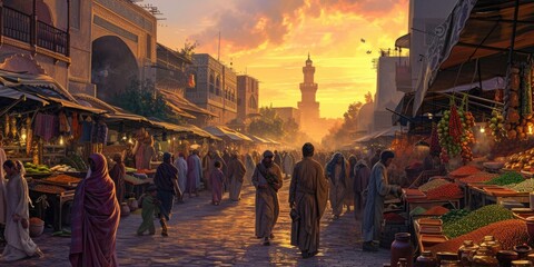 The warm glow of sunset bathes a traditional Moroccan market, where locals engage in commerce amid vibrant stalls and goods. Resplendent. - obrazy, fototapety, plakaty
