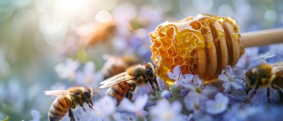 Honey Dipper Among Blossoms: Nature's Sweet Symphony. Concept Nature Photography, Spring Blooms, Honeybees, Garden Aesthetics, Harmonious Moments - obrazy, fototapety, plakaty