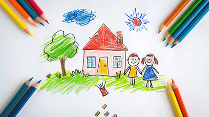 children's drawing with colored pencils on white