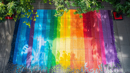 A pride-themed street mural depicting love, diversity, and equality, rainbow street pride month theme