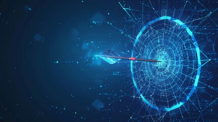 Abstract digital target with an arrow in the center. Growth strategy or financial goal concept. Futuristic low poly wireframe vector illustration on blue technology modern background. The bull's eye