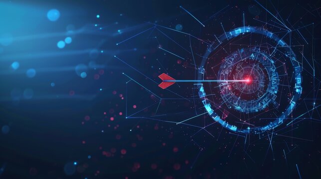 Abstract digital target with an arrow in the center. Growth strategy or financial goal concept. Futuristic low poly wireframe vector illustration on blue technology modern background. The bull's eye