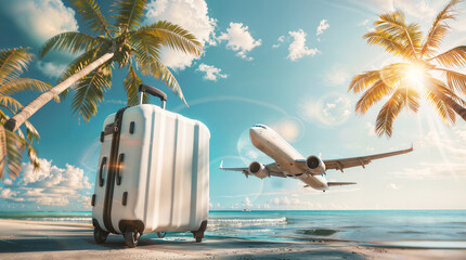 Vacation concept, luggage on sandy beach with airplane in sky, suitcase on tropical hot summer...