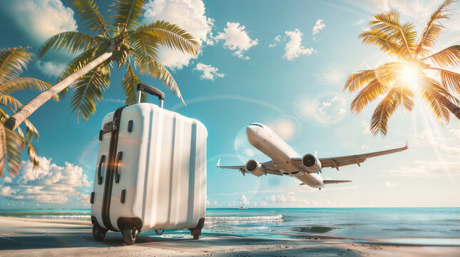 Vacation concept, luggage on sandy beach with airplane in sky, suitcase on tropical hot summer island, travel concept hd