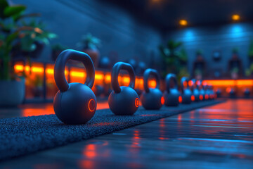 Smart kettlebell set in a vibrant, energetic gym. Each kettlebell is equipped with LED indicators