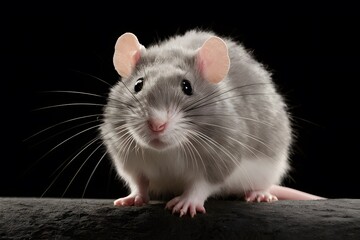 Pic Cute fluffy rat looking at camera on black background