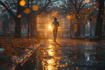 Futuristic wearable fitness tracker being used by a jogger in a city park at dawn. The device projects holographic data displays