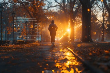 Fototapeta premium Futuristic wearable fitness tracker being used by a jogger in a city park at dawn. The device projects holographic data displays real time values