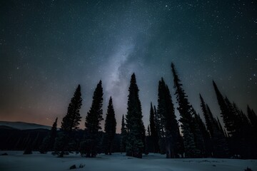 Pine trees stand beneath twinkling night sky filled with stars