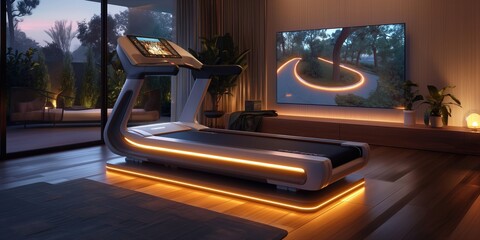 A sleek, high - tech smart treadmill in a modern, minimalist home gym setting